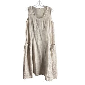 LINTICO SIZE LARGE NATURAL SLEEVELESS LINEN MIDI DRESS WITH POCKETS $129